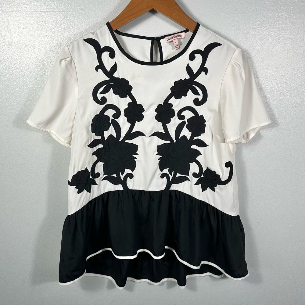 Juicy Couture Watercolor Bloom Floral Embroidered Peplum Blouse Size 4 Feminine